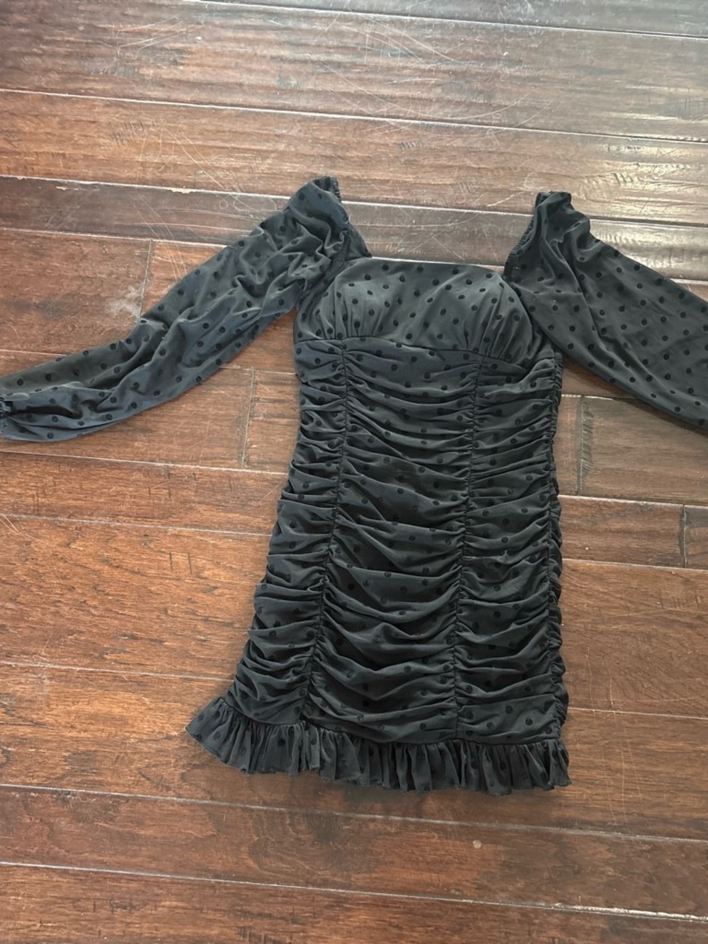 Black Long Sleeve Ruched Polka Dot Mini Dress